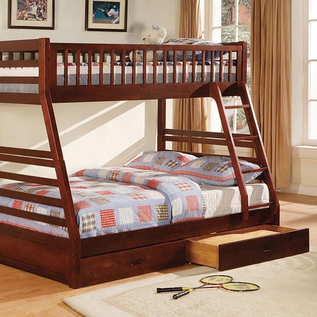 California II Cherry Twin/Full Bunk Bed w/ 2 Drawers Cherry, Walnut, Grey, &Oak - Time 2 Sleep (West Covina, CA)