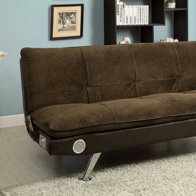 GALLAGHER Dark Brown/Chrome Futon Sofa w/ Bluetooth Speaker, Brown - Time 2 Sleep (West Covina, CA)
