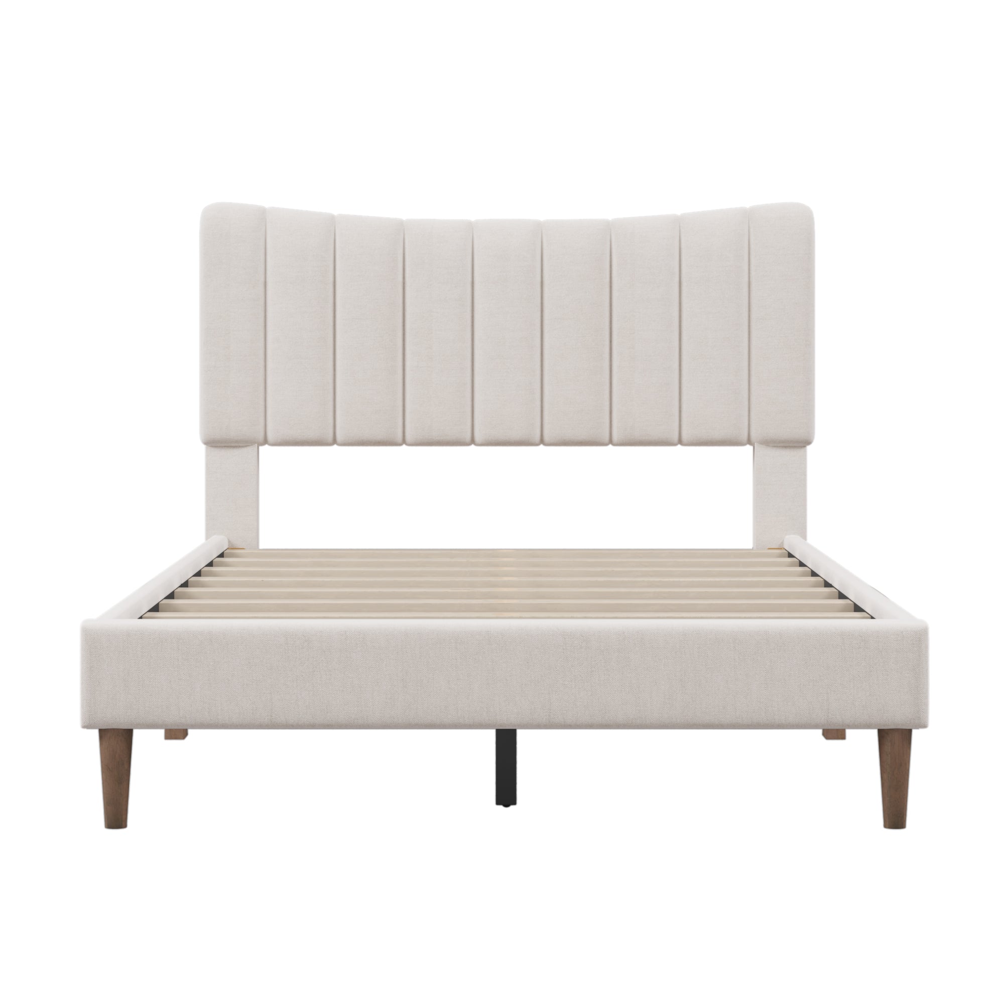 Upholstered Platform Bed Frame with Vertical Channel Tufted Headboard, No Box Spring Needed, Full, Cream