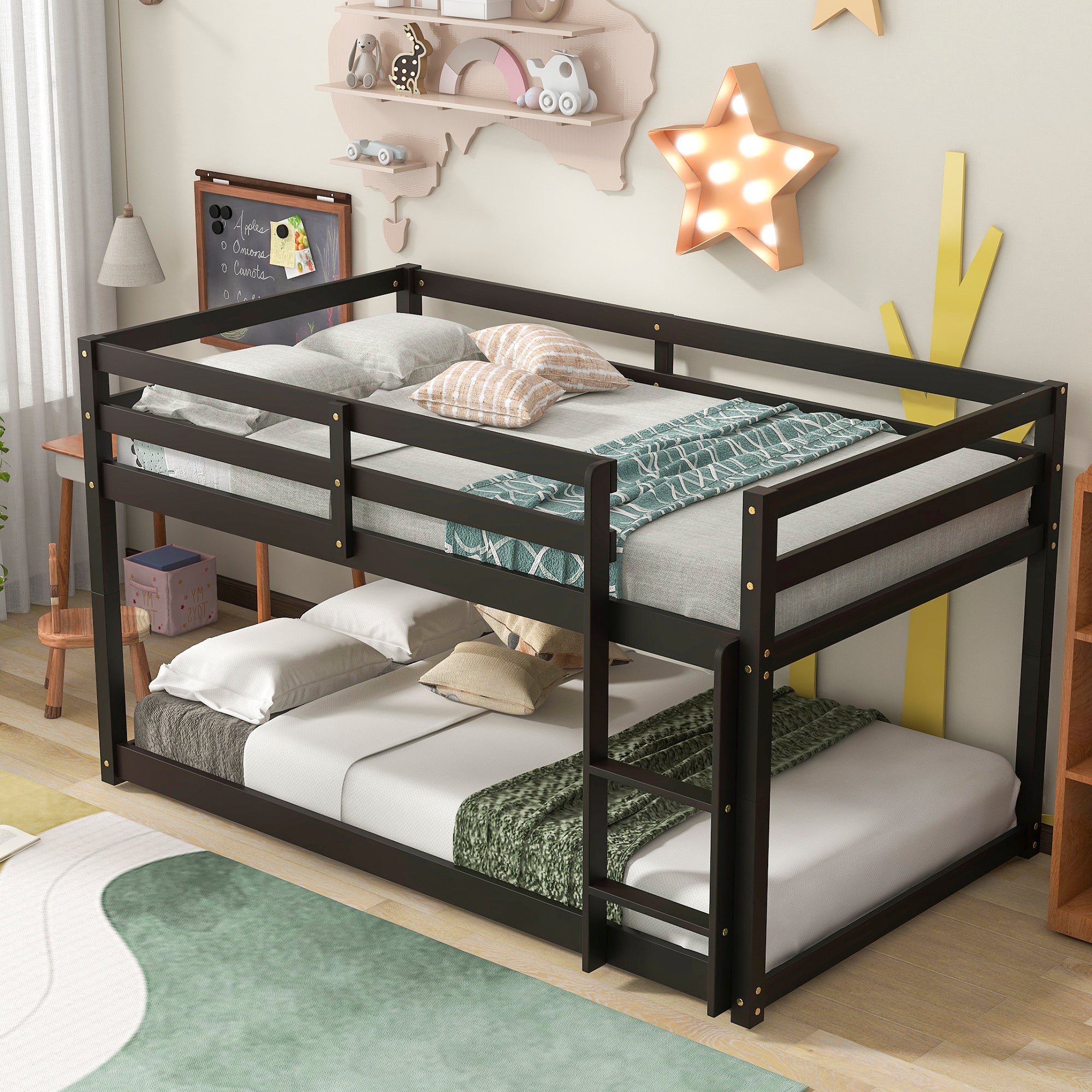 Twin over Twin Floor Bunk Bed,Espresso