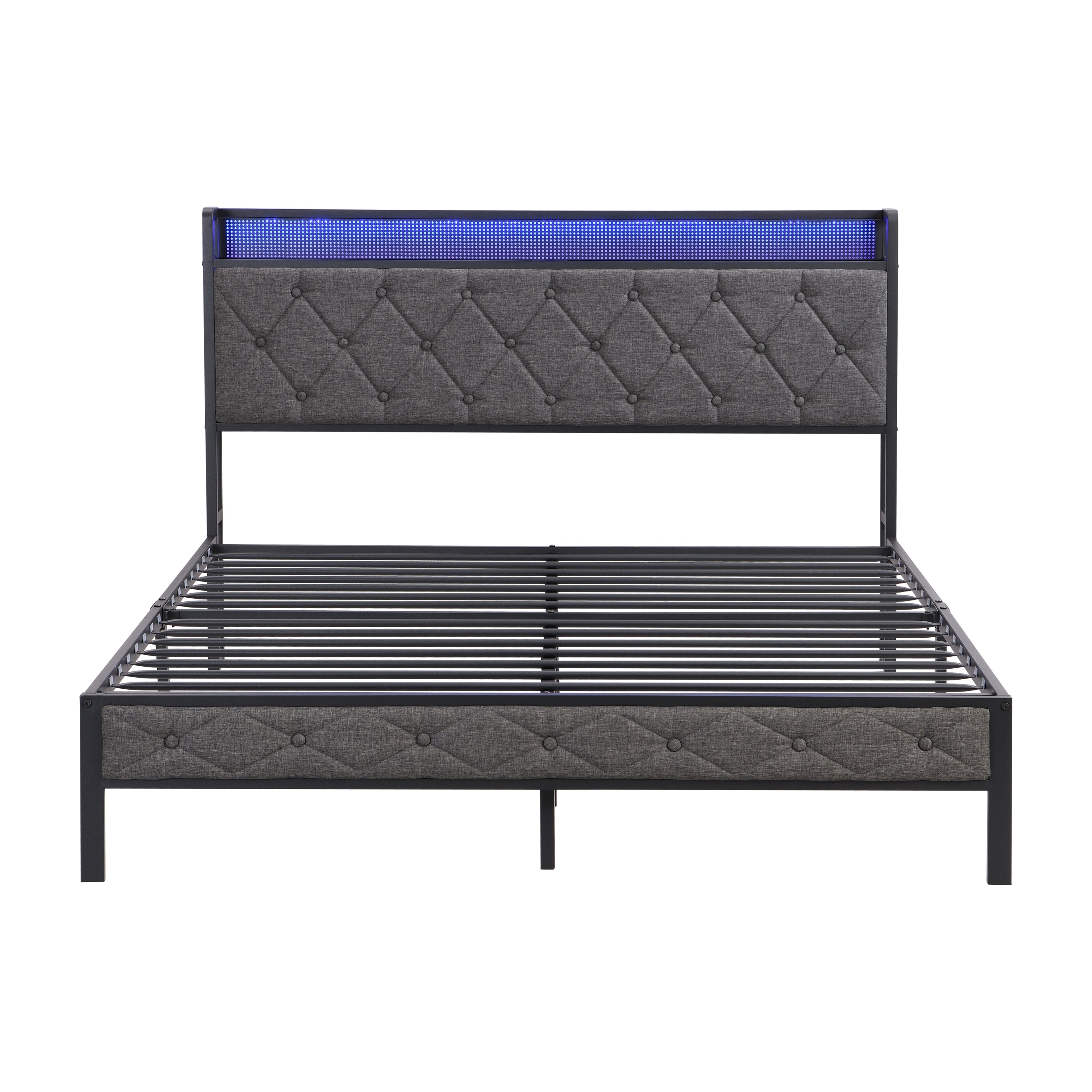 Full Bed Frame with  Storage Headboard, Charging Station and LED Lights, Upholstered Platform Bed with Heavy Metal Slats, No Box Spring Needed, Noise Free, Easy Assembly, Dark Gray