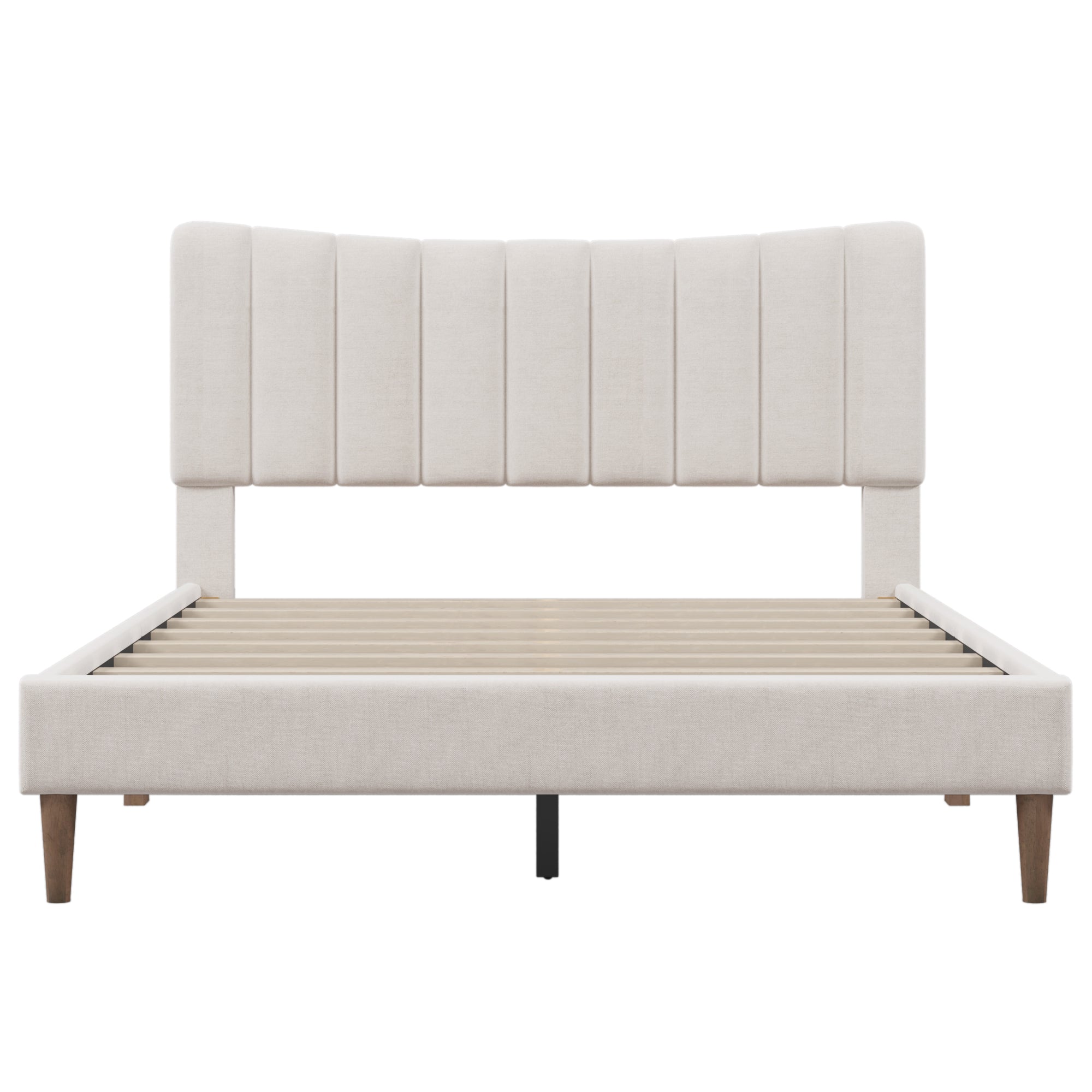 Upholstered Platform Bed Frame with Vertical Channel Tufted Headboard, No Box Spring Needed, Queen,Cream