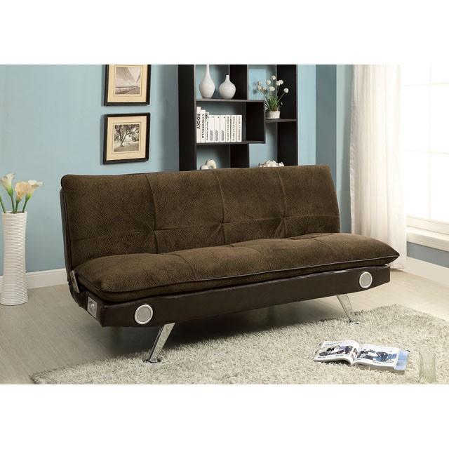 GALLAGHER Dark Brown/Chrome Futon Sofa w/ Bluetooth Speaker, Brown - Time 2 Sleep (West Covina, CA)