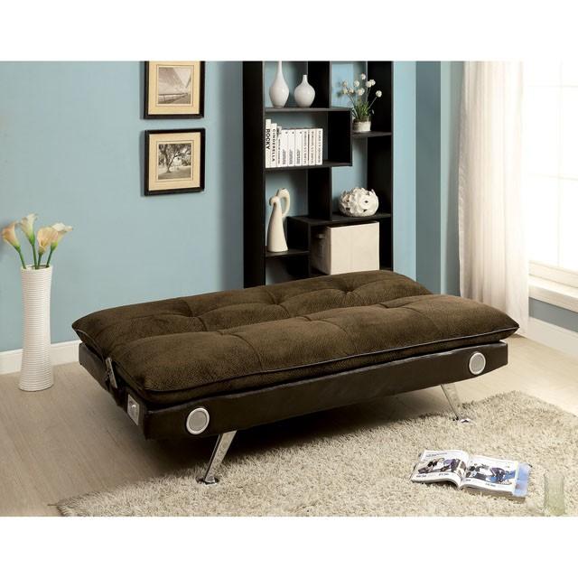 GALLAGHER Dark Brown/Chrome Futon Sofa w/ Bluetooth Speaker, Brown - Time 2 Sleep (West Covina, CA)