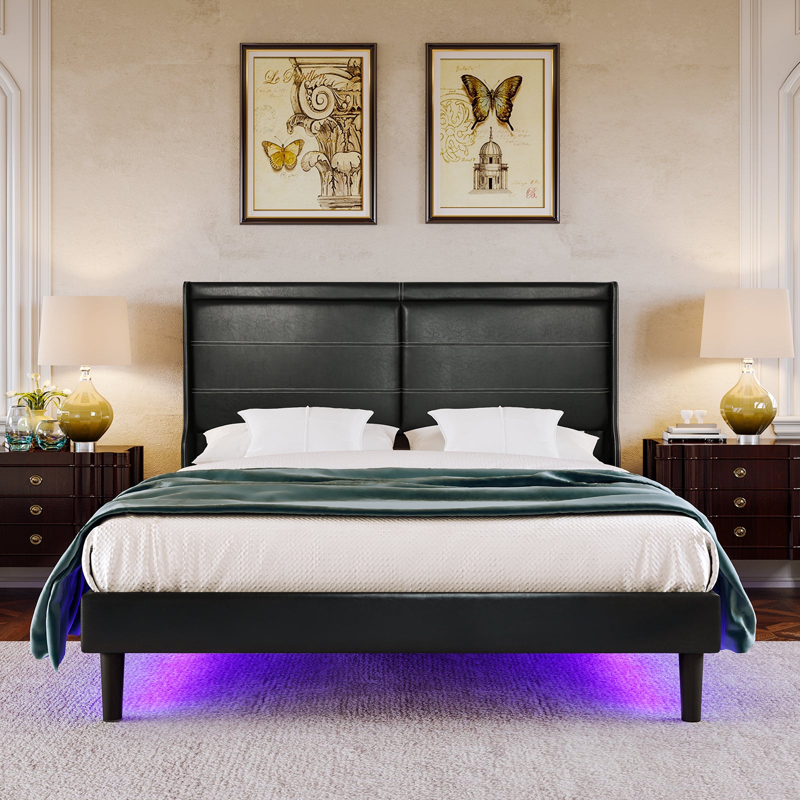 Stylish Queen Size PU Leather Upholstered Bed Frame Platform Bed with Lights Stitched Wing-backed Headboard Strong Wooden Slats Bed Canopy No Box Spring Needed Black