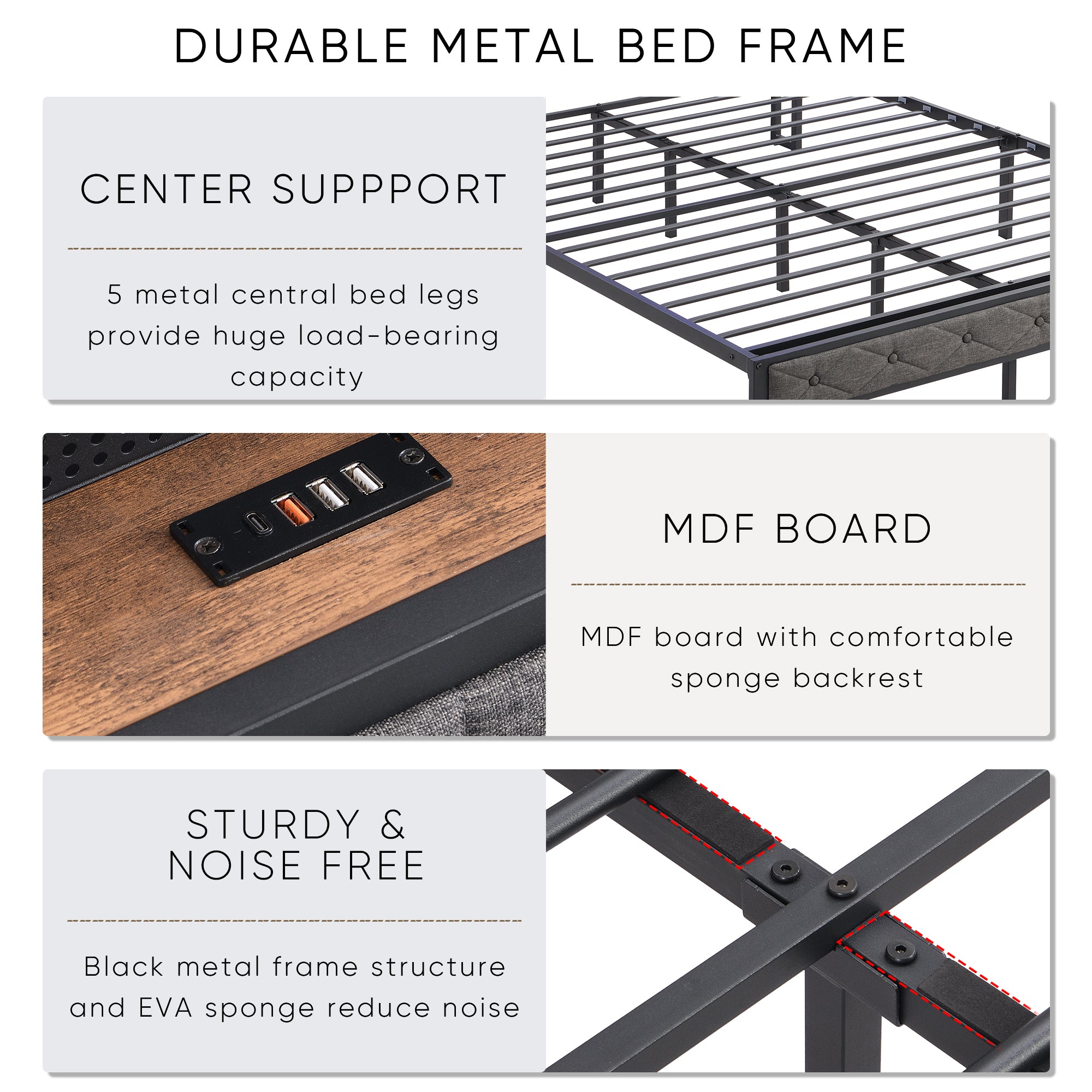 Queen Bed Frame with Storage Headboard, Charging Station and LED Lights, Upholstered Platform Bed with Heavy Metal Slats, No Box Spring Needed, Noise Free, Easy Assembly, Dark Gray