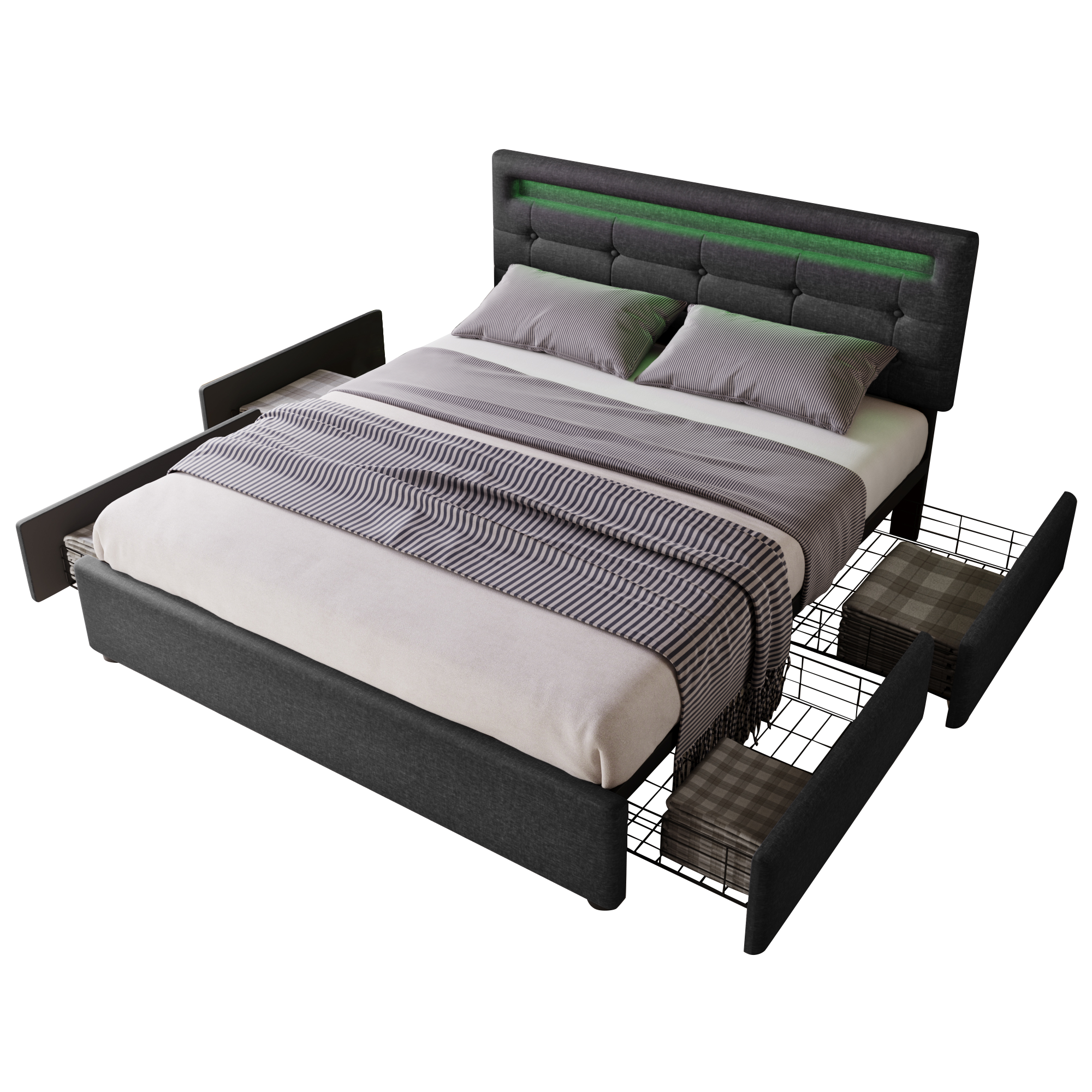 Bed Frame Queen Size, Upholstered Platform Bed Frame with 4 Storage Drawers and LED Lights & Adjustable Headboard,No Box Spring Needed,Grey