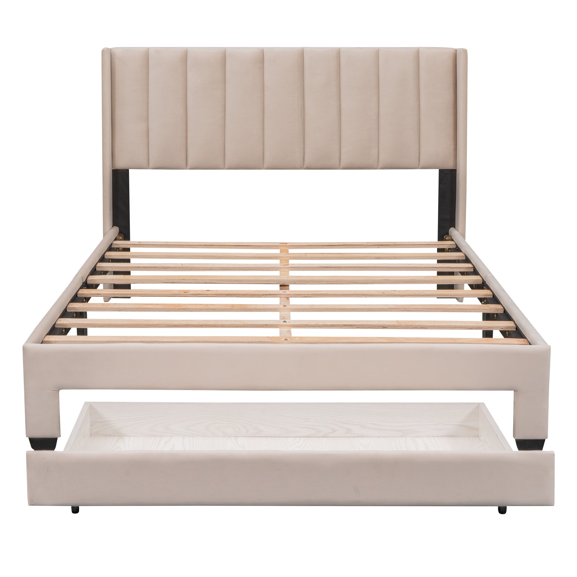 Queen Size Storage Bed Velvet Upholstered Platform Bed with a Big Drawer - Beige