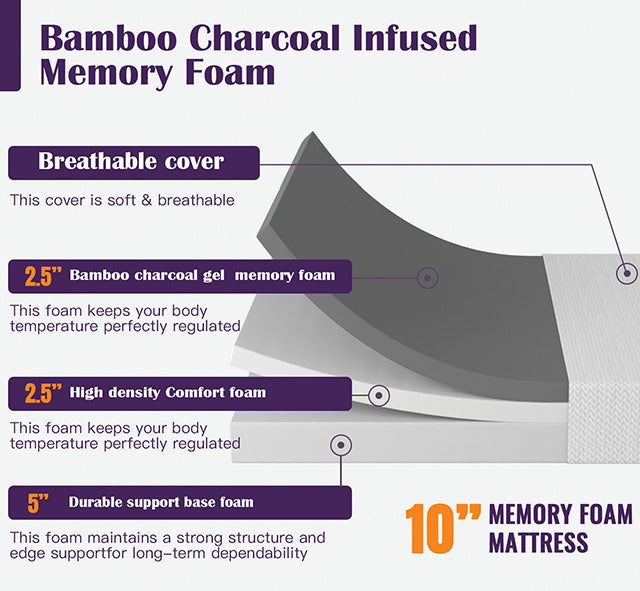 Nasturtium 10" E.King Bamboo Charcoal Infused Memory Foam - Time 2 Sleep (West Covina, CA)
