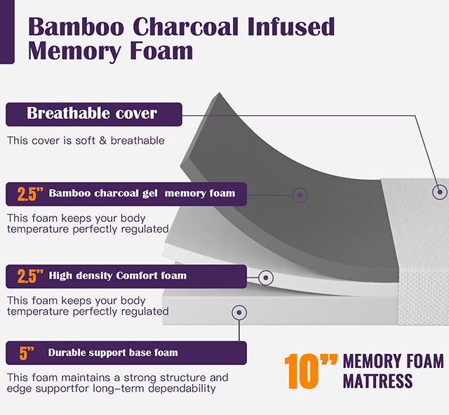 Nasturtium 10" Queen Bamboo Charcoal Infused Memory Foam - Time 2 Sleep (West Covina, CA)