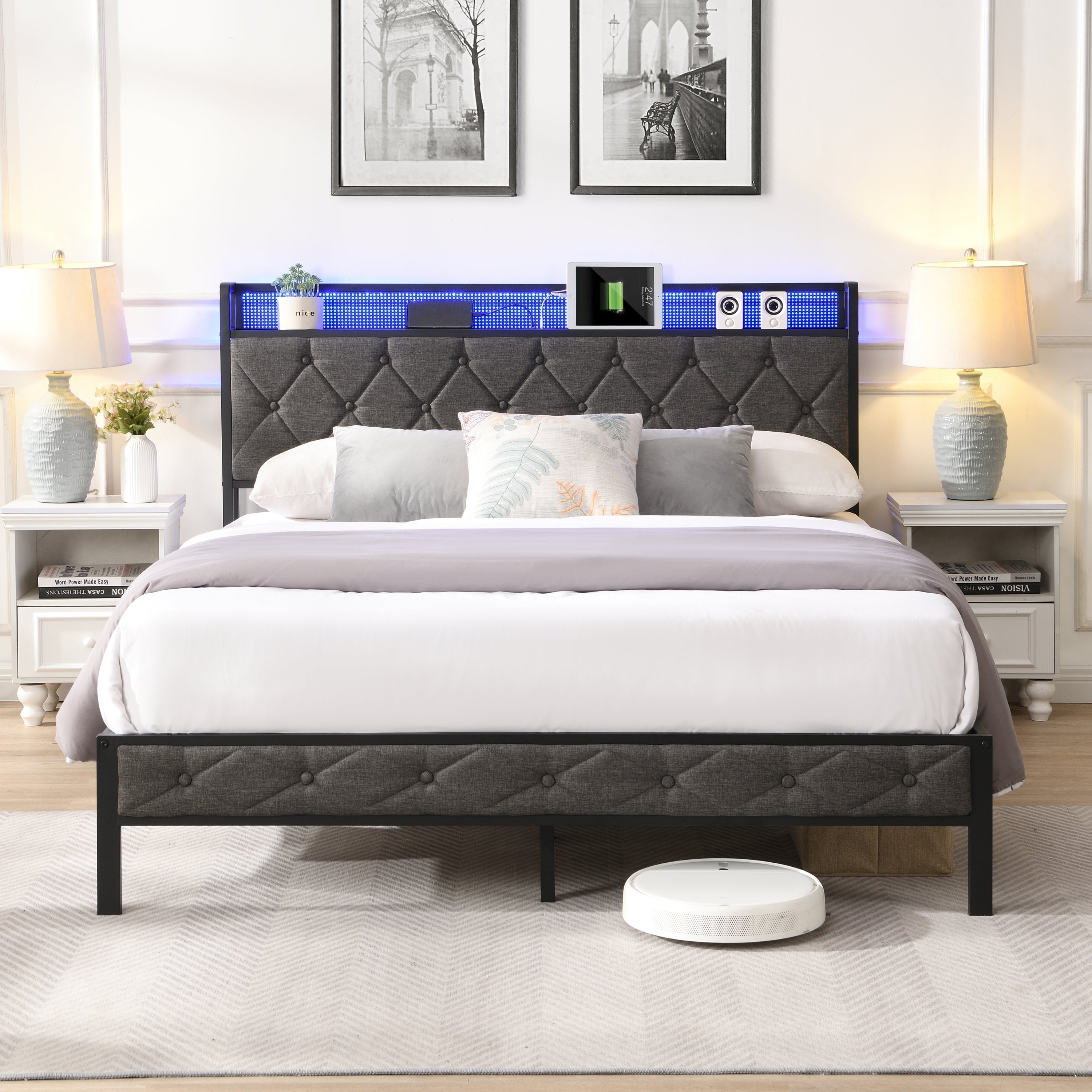 Queen Bed Frame with Storage Headboard, Charging Station and LED Lights, Upholstered Platform Bed with Heavy Metal Slats, No Box Spring Needed, Noise Free, Easy Assembly, Dark Gray