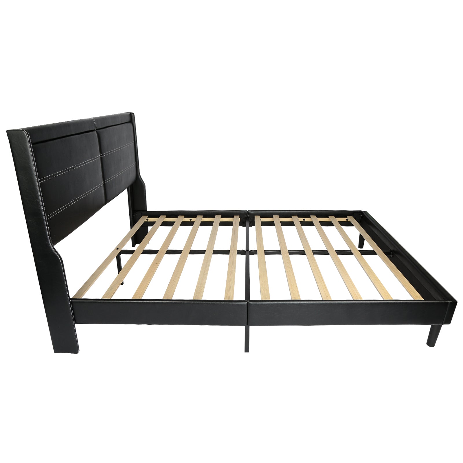 Stylish Queen Size PU Leather Upholstered Bed Frame Platform Bed with Lights Stitched Wing-backed Headboard Strong Wooden Slats Bed Canopy No Box Spring Needed Black