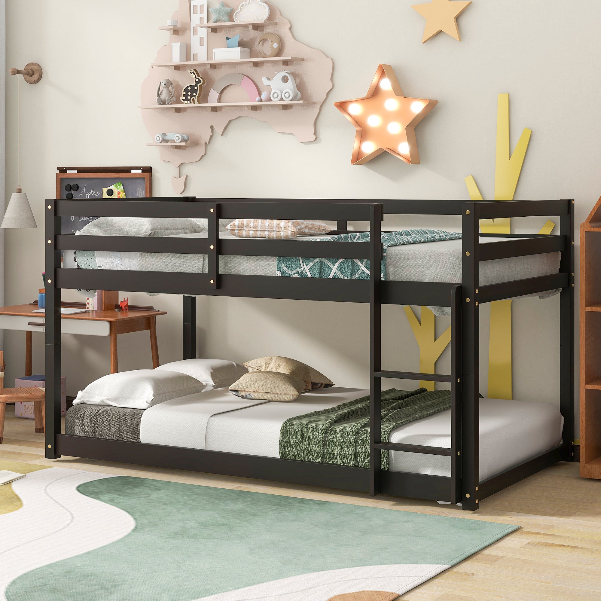 Twin over Twin Floor Bunk Bed,Espresso